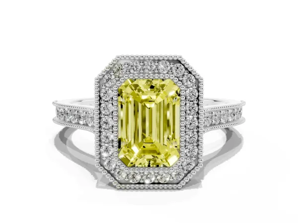 Fancy Yellow Halo Emerald Cut-Cut Diamond Pave Band Milgrain Prong Setting Ring Platinum