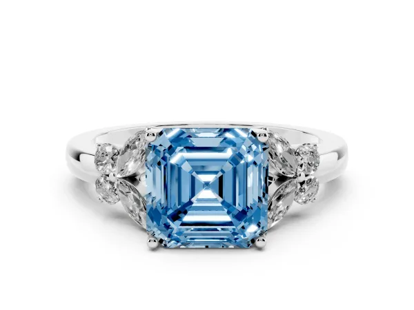 Fancy Blue Asscher Cut Cut Solitaire Floral Diamond Ring with Four-Prong Setting Platinum