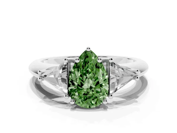 Fancy Green Three-Stone Pear Cut Diamond Engagement Ring with Trillion Side Stones and Prong Setting Platinum