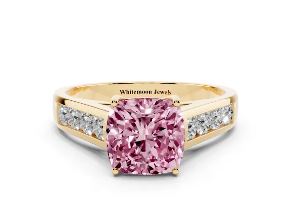 Fancy Pink Cushion Cut Solitaire Channel-Set Diamond Engagement Ring with Four-Prong Setting Yellow gold