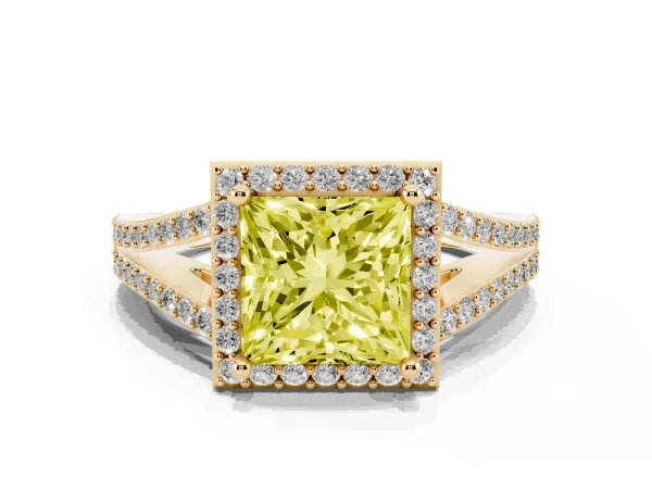 Fancy Yellow Princess Cut Halo Split Shank Pave Diamond Ring with Four-Prong Setting Yellow gold