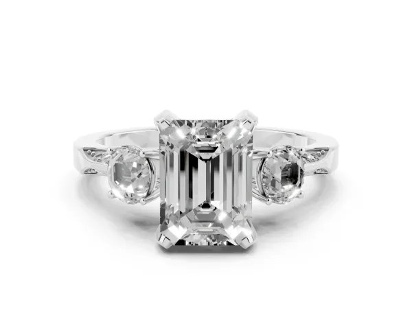 Fancy Pink Emerald Cut Brilliant Three-Stone Diamond Ring with Pavé Band and Four-Prong Setting White gold