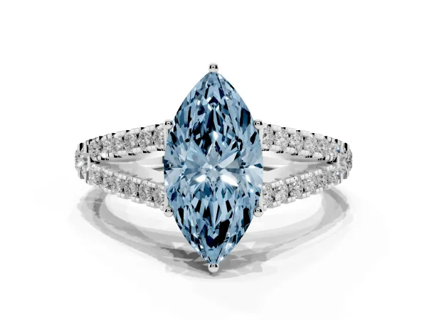 Fancy Blue Marquise Cut Diamond Split Shank Pavé Engagement Ring with Four-Prong Setting Platinum