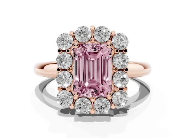 Fancy Pink Emerald Cut Halo Cluster Diamond Engagement Ring with Prong Setting and Polished Band Rose gold