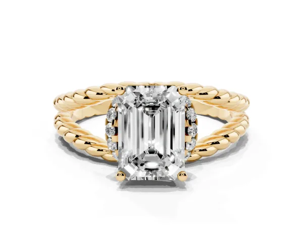 Emerald Cut Halo Twisted Band Four-Prong Ring Yellow gold