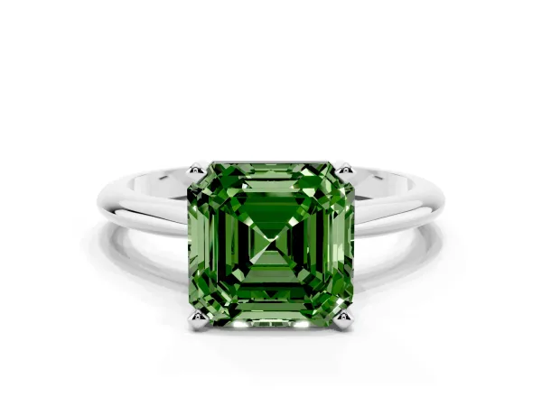 Fancy Green Asscher Cut Cut Solitaire Ring with Four-Prong Setting on a Classic Band White gold