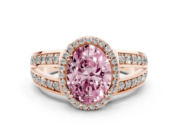 Fancy Pink Oval Cut Diamond Halo Ring with Split Shank Pavé Band and Four-Prong Setting Rose gold