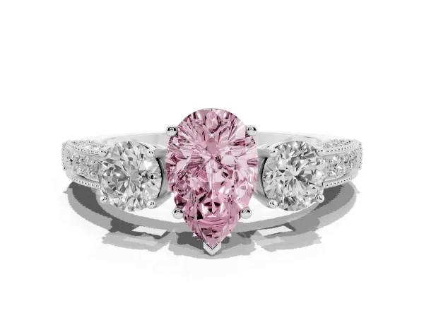 Fancy Pink Pear Cut Three-Stone Diamond Ring with Pavé Band and Four-Prong Setting White gold