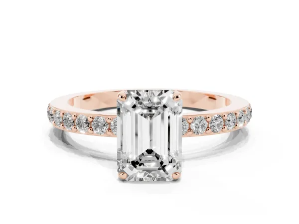 Emerald Cut Diamond Solitaire Engagement Ring with Pavé Band and Four-Prong Setting Rose gold
