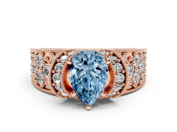 Fancy Blue Pear Cut Halo Pave Diamond Engagement Ring with Milgrain Detailing Rose gold