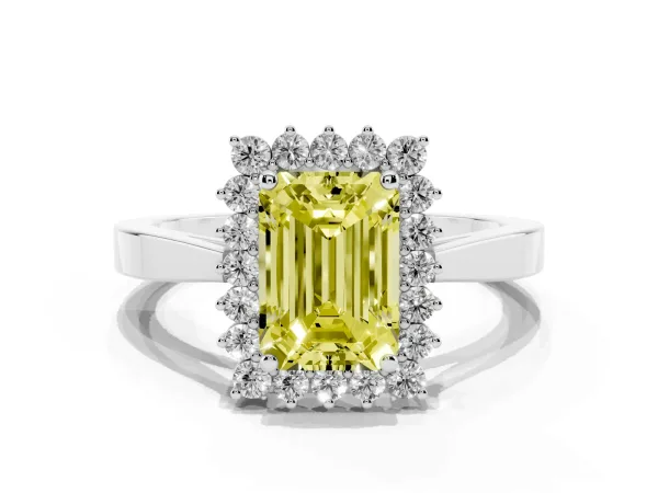Fancy Yellow Emerald Cut Cut Diamond Halo Ring with Round Brilliant Halo and Solitaire Band Platinum