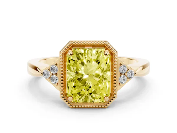 Fancy Yellow Radiant Cut Diamond Halo Ring with Tapered Band and Four-Prong Setting Yellow gold