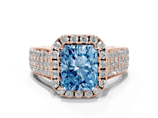 Fancy Blue Radiant Cut Halo Round Diamond Pave Band with Prong Setting Rose gold