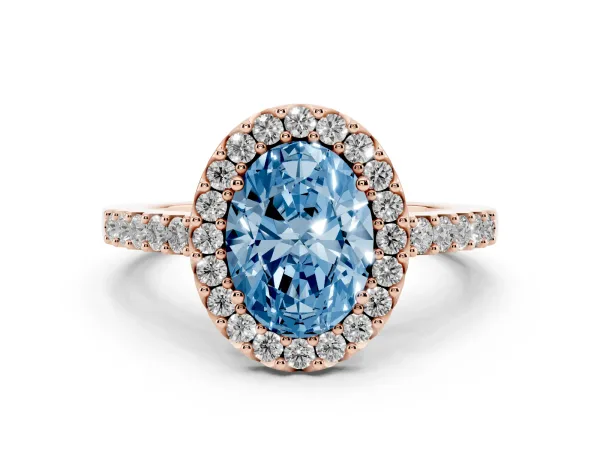 Fancy Blue Oval Cut Halo Diamond Pavé Solitaire Ring Rose gold