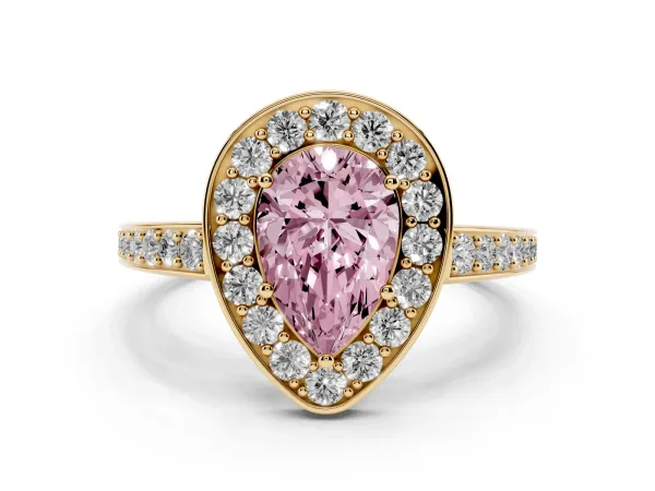 Fancy Pink Pear Cut Halo Pavé Diamond Engagement Ring with Bezel Setting Yellow gold