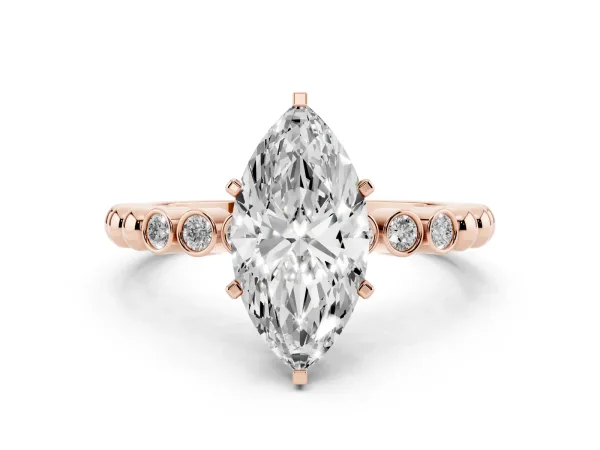 Marquise Cut Solitaire Bezel Accent Diamond Engagement Ring with Beaded Band and Four-Prong Setting Rose gold