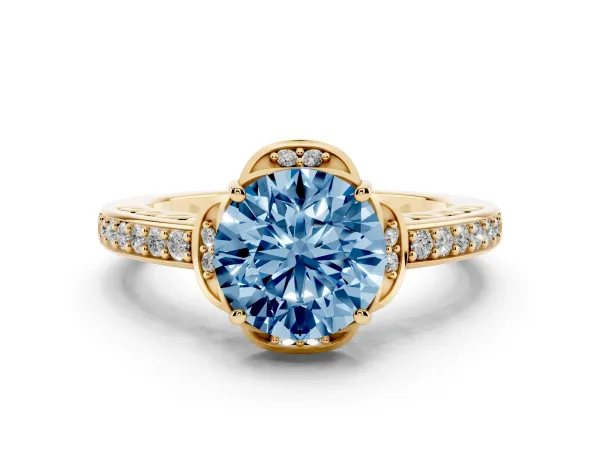 Fancy Blue Round Cut Cut Halo Diamond Ring with Channel Set Band and Four-Prong Setting Yellow gold