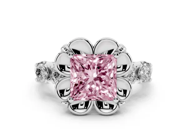 Fancy Pink Princess Cut Cut Diamond Floral Halo Engagement Ring with Shared Prong Setting Platinum