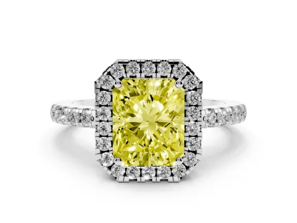 Fancy Yellow Radiant Cut Halo Diamond Engagement Ring with Pavé Band and Four-Prong Setting White gold