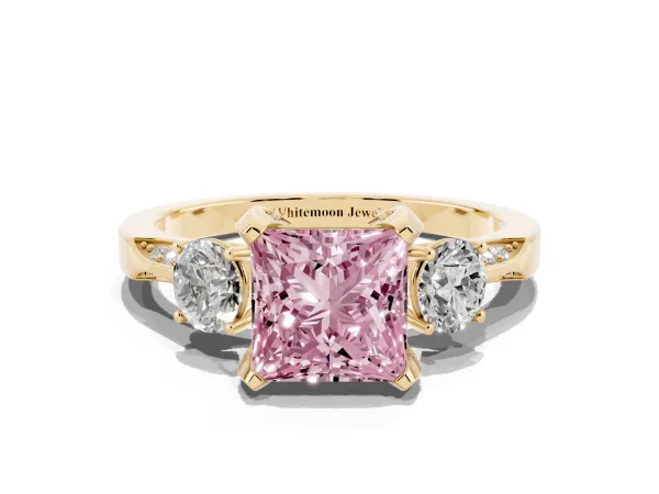 Fancy Pink Princess Cut Brilliant Three-Stone Diamond Ring with Pavé Band and Four-Prong Setting Yellow gold