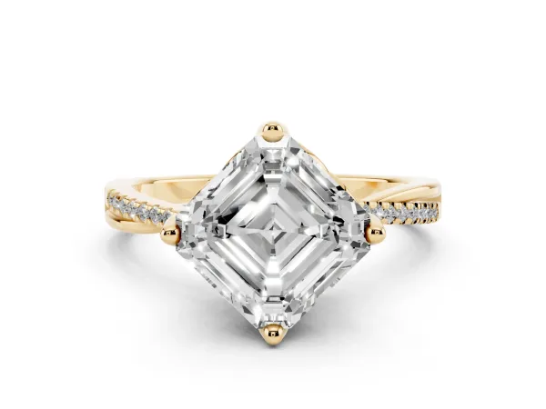 Asscher Cut Solitaire Twist Band with Pavé Diamonds and Four-Prong Setting Yellow gold