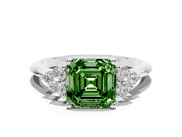Fancy Green Asscher Cut Cut Diamond Cluster Ring with Solitaire Band and Four-Prong Setting Platinum