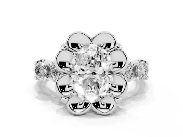 Oval Cut Cut Diamond Floral Halo Engagement Ring with Shared Prong Setting Platinum