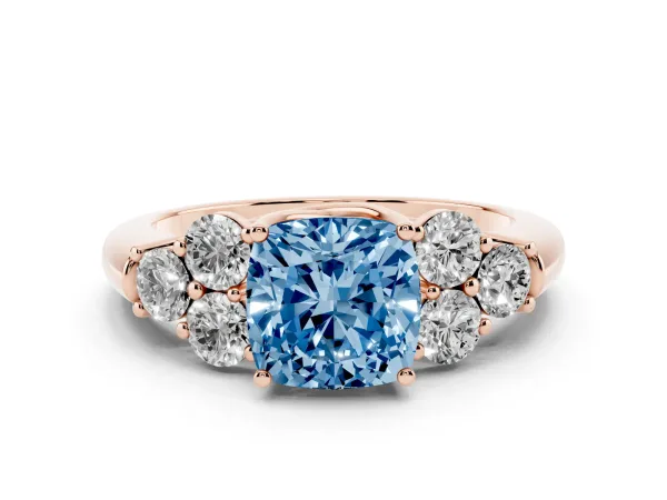 Fancy Blue Cushion Cut Cut Diamond Cluster Ring with Round Accent Stones and Prong Setting on a Classic Band Rose gold
