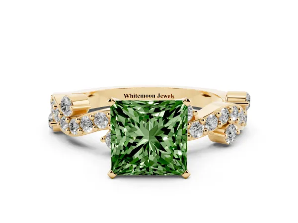 Fancy Green Princess Cut Cut Solitaire Diamond Twisted Band with Pave Setting Yellow gold