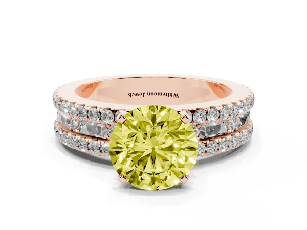 Fancy Yellow Round Cut Diamond Solitaire Ring with Pavé and Channel Set Band Rose gold