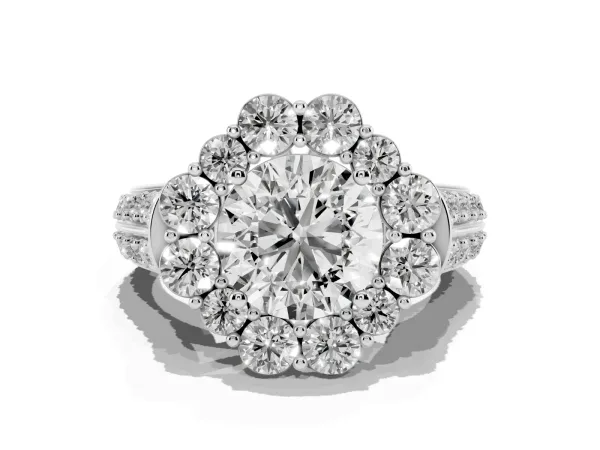 Round Cut Halo Diamond Engagement Ring with Split Shank and Prong Setting White gold