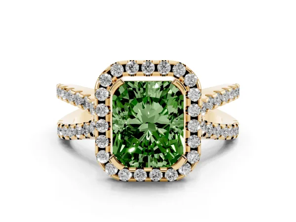 Fancy Green Radiant Cut Diamond Halo Ring with Split Shank Pavé Band and Prong Setting Yellow gold