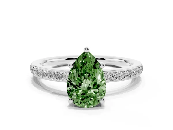 Fancy Green Pear Cut Cut Diamond Pavé Band Ring with Four-Prong Setting White gold