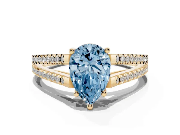 Fancy Blue Pear Cut Diamond Solitaire Engagement Ring with Split Shank Pavé Band Yellow gold