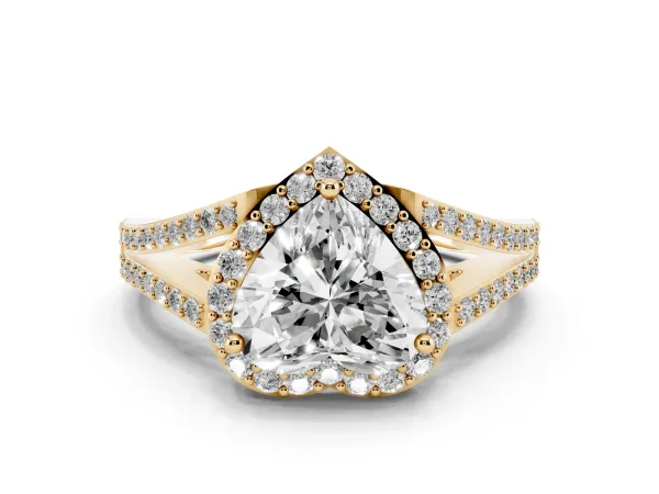 Heart Cut Halo Split Shank Pave Diamond Ring with Four-Prong Setting Yellow gold