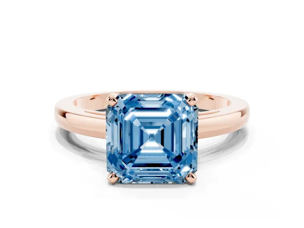 Fancy Blue Asscher Cut Solitaire Diamond Engagement Ring with Four-Prong Setting on a Classic Band Rose gold