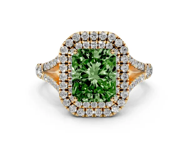 Fancy Green Radiant Cut Cut Double Halo Split Shank Diamond Ring with Prong Setting Yellow gold