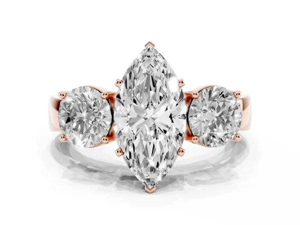 Three-Stone Marquise Cut Diamond Ring with Round Side Stones, Classic Band, and Four-Prong Setting Rose gold