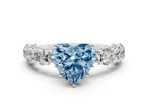 Fancy Blue Heart Cut Diamond Side Stone Engagement Ring with Four-Prong Setting Platinum
