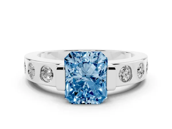 Fancy Blue Radiant Cut Brilliant Channel-Set Diamond Ring with Bezel Prong Setting White gold