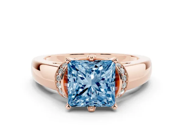 Fancy Blue Princess Cut Solitaire Diamond Ring with Pave Band and Six-Prong Setting Rose gold