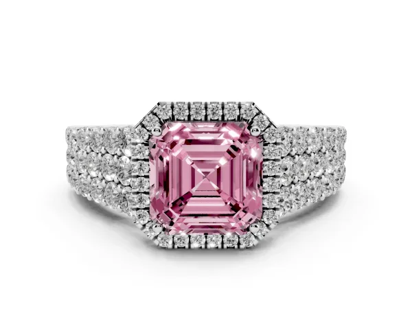 Fancy Pink Asscher Cut Diamond Halo Engagement Ring with Triple Row Round Pavé Band and Prong Setting Platinum