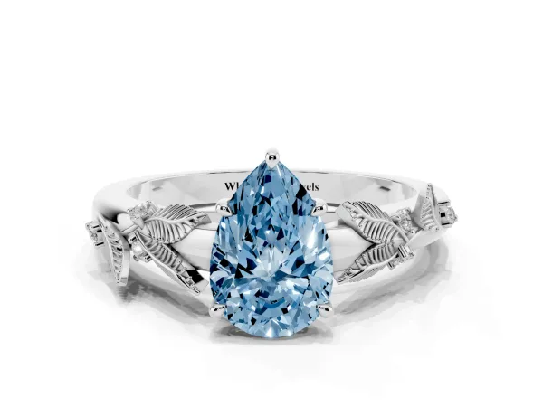 Fancy Blue Pear Cut Diamond Solitaire Ring with Leaf Motif Band and Four-Prong Setting Platinum