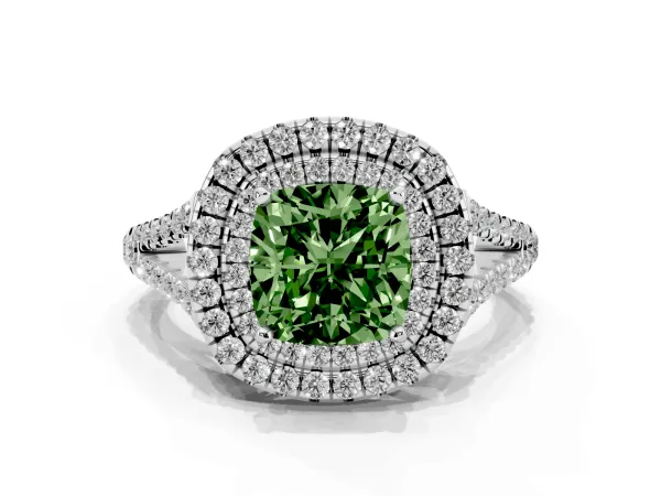 Fancy Green Cushion Cut Diamond Double Halo Ring with Pavé Band and Prong Setting Platinum