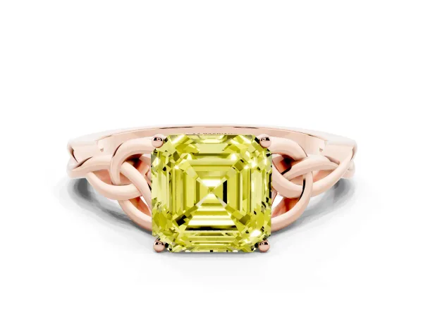 Fancy Yellow Asscher Cut Diamond Solitaire Engagement Ring with Celtic Knot Band and Four-Prong Setting Rose gold