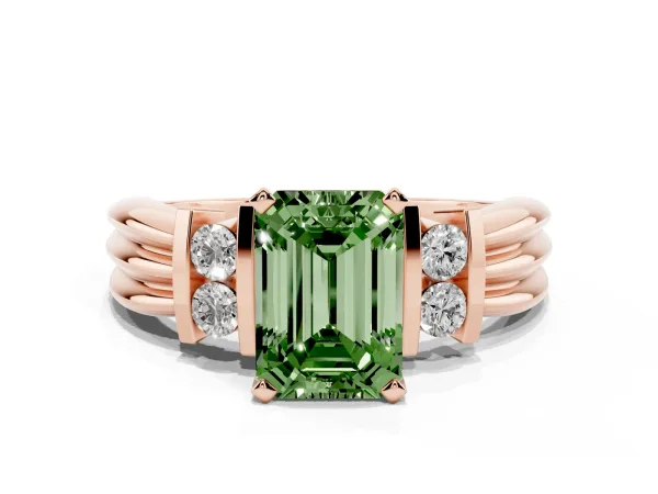 Fancy Green Emerald Cut Cut Three-Stone Channel Set Ring with Bar Prongs Rose gold