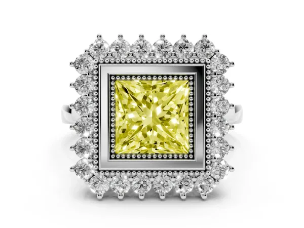 Fancy Yellow Princess Cut Halo Diamond Ring with Milgrain Edge and Round Prong Setting White gold
