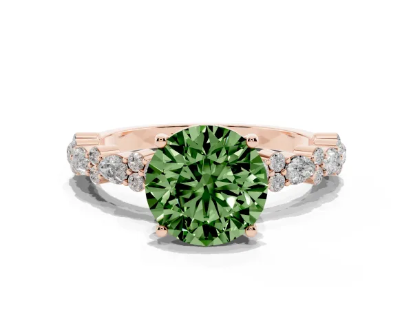Fancy Green Round Cut Diamond Side Stone Solitaire Ring with Round and Four-Prong Setting Rose gold