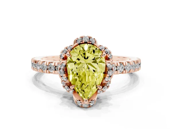Fancy Yellow Pear Cut Halo Diamond Pave Band Ring with Four-Prong Setting Rose gold