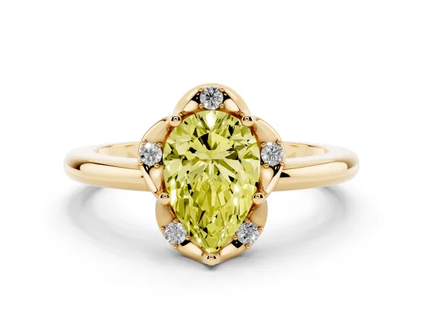 Fancy Yellow Pear Cut Halo Diamond Ring with Round Cluster Setting, Solitaire Band, and Four-Prong Setting Yellow gold